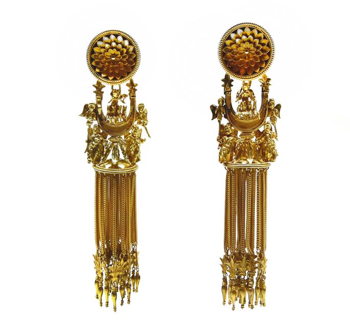Pair of 19th century Etruscan style &quot;Campana&quot; sun-chariot crescent gold earrings by Castellani, Rome c.1860, | MasterArt